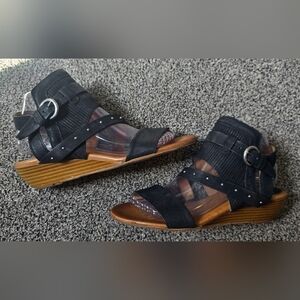 Miz Mooz Black Leather Farley Buckle Demi Wedge Sandal Womens Size 38 (US 7.5-8)